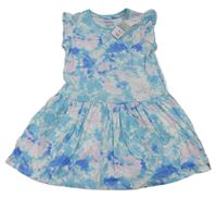 Nové - azurovo-bílo-světlerůžové batikované šaty s volánky PRIMARK