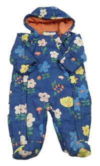 Tmavomodrá šusťáková zimní kombinéza s kytičkami a muchomůrkami a kapucí M&S