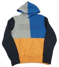 Šedo-modro-oranžovo-černá mikina s nápisem a kapsou a kapucí TOM TAILOR