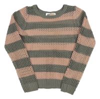 Šedo-světlerůžový pruhovaný ažurový pletený svetr H&M