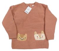 Nové - skořicový žebrovaný svetr se zvířátky/kapsami Next