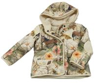 Smetanová prošívaná šusťáková zateplená bunda s koníky a motýlky a stromečky a kapucí Next