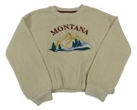 Béžová žebrovaná plyšová oversize crop mikina s horami a lesy a nápisem PRIMARK