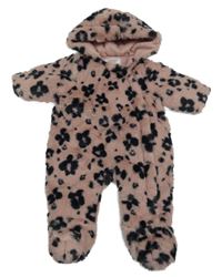 Pudrovo-černá vzorovaná kožešinová zateplená kombinéza s kapucí F&F