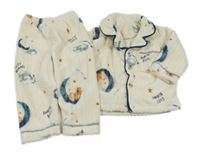 Smetanovo-tmavopetrolejové žebrované plyšové pyžamo s medvídky a měsíci