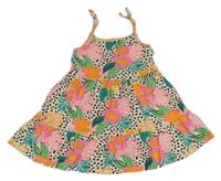 Smetanovo-černé vzorované letní šaty s květy a lístečky Matalan