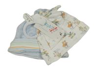 Nové - 2x - Čepice - Bílá se zvířátky, světlemodrá sametová s pruhy 