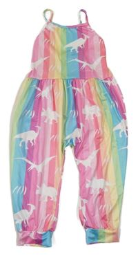 Barevný pruhovaný kalhotový culottes overal s dinosaury 