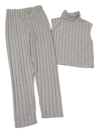 2Set - Šedé melírované žebrované úpletové kalhoty + crop top s rolákem SHEIN