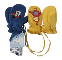 Nové - 2x - Rukavice  - Tmavomodré fleecové s Mickey Disney + tmavožluté šusťákové s Teletubbies