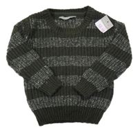 Nové - tmavokhaki-bílý pruhovaný melírovaný žebrovaný vlněný svetr PRIMARK