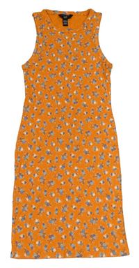 Oranžové květované žebrované elastické šaty New Look