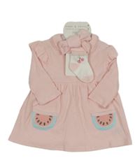 Nové - 3set - Růžové žebrované šaty s kapsami s melouny + čelenka + bílé ponožky s třešněmi