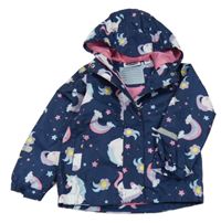 Tmavomdorá šusťáková jarní bunda s jednorožci a kapucí Lily & Dan