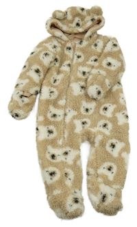Béžová chlupatá zateplená kombinéza s medvědy a kapucí F&F