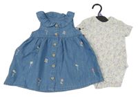 Nové - 2set - Modré riflové propínací šaty s výšivkami květin + smetanové květované body F&F