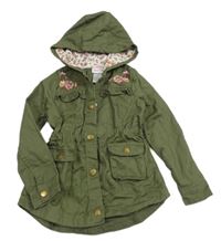 Khaki riflová parka s výšivkami květů a kapucí 