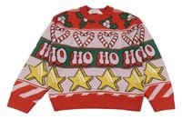 Růžovo-červený vzorovaný svetr s nápisem a hvězdami H&M