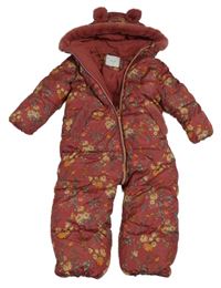 Tmavorůžová květovaná šusťáková zimní kombinéza s kapucí Next