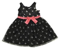 Černé tylové šaty s labutěmi a růžovou mašlí H&M