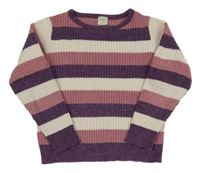 Bílo-růžovo-fialový pruhovaný žebrovaný žinylkový svetr 