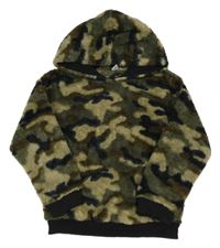 Khaki-černá army chlupatá mikina s kapucí Tu
