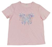 Světlerůžové tričko s motýlem a síťovinou Shein