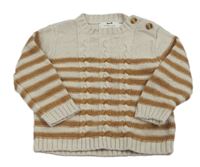 Béžovo-hnědý pruhovaný vzorovaný svetr