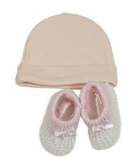 Nové - 2set - Růžová čepice + bílo-růžové pletené capáčky s mašlemi 