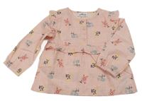 Růžová květovaná halenková tunika s volánky 