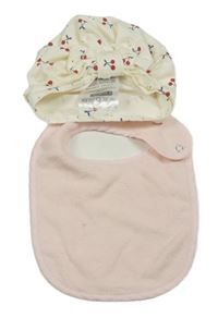 2set - Smetanová turbanová čepice s třešněmi a mašlí + růžový bryndák 