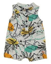 Bílo-černo-barevný kraťasový overal s listy a zvířátky Nutmeg