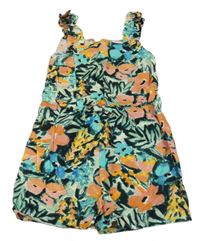 Tmavozeleno-růžovo-modrý květovaný kraťasový overal Primark