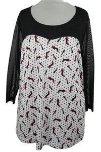 Dámské bílo-černé triko s potiskem a tylovými rukávy 