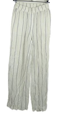 Dámské smetanovo-modré pruhované volné lněné kalhoty vel. 38L 