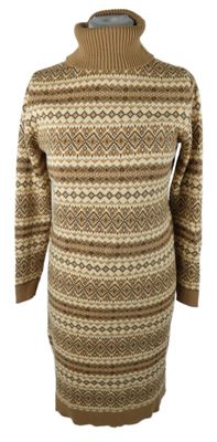 Dámské hnědo-béžové vzorované svetrové šaty s rolákem Up2Fashion 