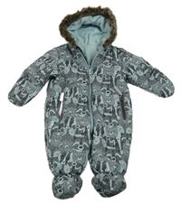 Modro-černá šusťáková zimní kombinéza s medvědy a kapucí Nutmeg