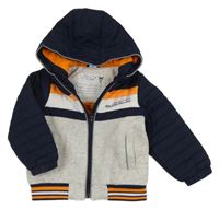 Tmavomodro-šedo-oranžová teplákovo/šusťáková zateplená bunda s nápisem a kapucí Dopodopo