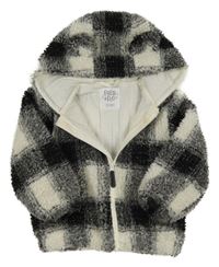 Černo-bílá kostkovaná huňatá podšitá propínací mikina s kapucí F&F