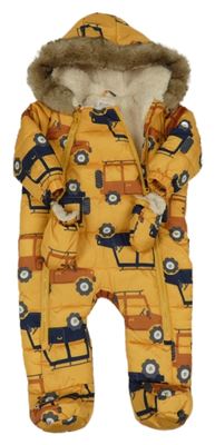 Žlutá šusťáková zimní kombinéza s auty a kapucí + rukavice F&F
