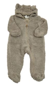 Hnědá chlupatá podšitá kombinéza s kapucí s oušky H&M