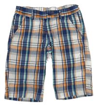 Tmavomodro-oranžovo-bílé kostkované plátěné kraťasy C&A