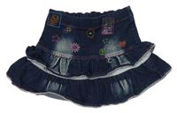 Tmavomodrá riflová vrstvená sukně s výšivko