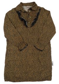 Hnědo-černé vzorované šaty s límekem a volánky Vinrose