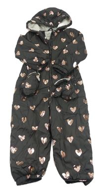 Tmavošedá šusťáková zimní kombinéza se srdíčky a kapucí + rukavice George