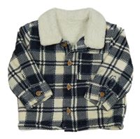 Tmavomodro-smetanová kostkovaná manšestrová zateplená košilová bunda Tu