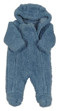 Modrá huňatá zimní kombinéza s kapucí s oušky M&S