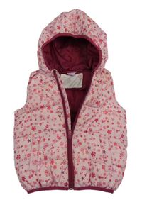 Světlerůžová prošívaná šusťáková zateplená vesta s kytičkami a kapucí dopodopo