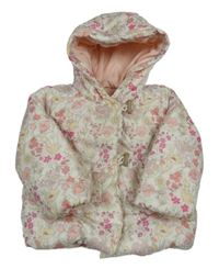 Smetanová prošívaná šusťáková zimní bunda s kytičkami a kapucí Nutmeg