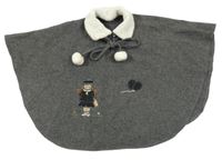 Tmavošedé melírované vlněné pončo s dívkou a bambulemi a huňatým límečkem 